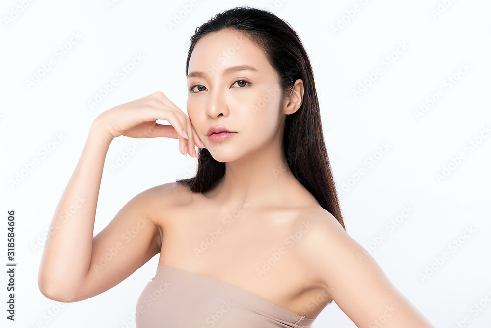 Portrait beautiful young asian woman clean fresh bare skin concept. Asian girl beauty face skincare and health wellness, Facial treatment, Perfect skin, Natural makeup, on white background,two Portrait beautiful young asian woman clean fresh bare skin concept. Asian girl beauty face skincare and health wellness, Facial treatment, Perfect skin, Natural makeup, on white background,two