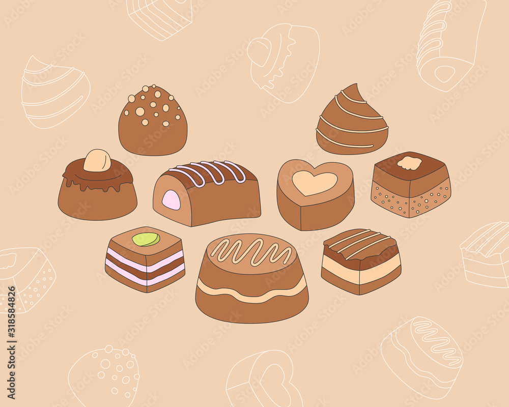 Sweet chocolate Icons set - Vector color symbols and outline of dessert, candy, truffle and snack for the site or interface
