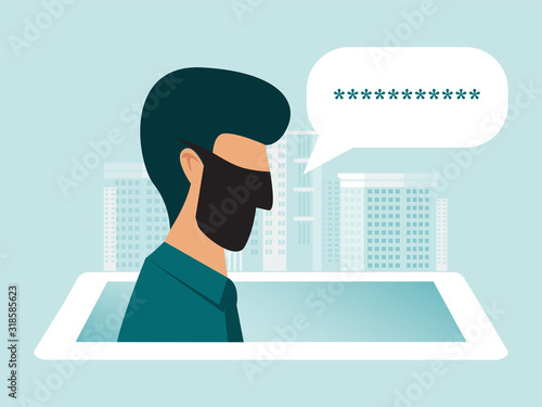Hacker in mask stealing password from mobile phone. Thief steal personal data with password in smartphone. Cyber security and crime concept vector illustration