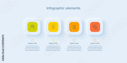 Business process chart infographics with 4 steps in neumorphism design. Sqaure corporate workflow graphic elements. Company flowchart presentation slide template. Vector info graphic.