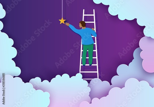 Man on a ladder to pick the star above cloud in paper cut style. Papercut businessman climbing on ladder to sky and trying to catch dream star. Follow your dreams vector motivational poster concept