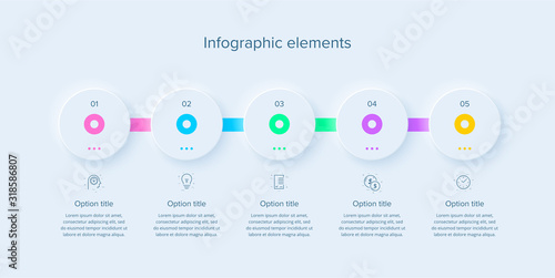 Business process chart infographics with 5 steps in neumorphism design. Circle corporate workflow graphic elements. Company flowchart presentation slide template. Vector info graphic. photo