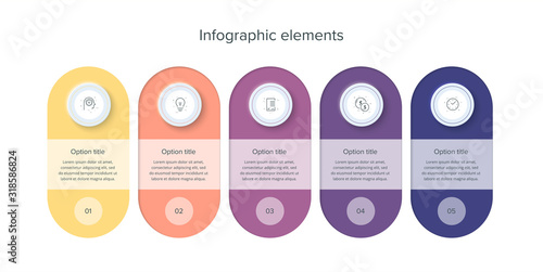 Business process chart infographics with 5 steps in neumorphism design. Circle corporate workflow graphic elements. Company flowchart presentation slide template. Vector info graphic.
