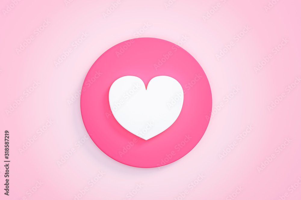 Like heart icon isolated on pink background 3d rendering. Love icon buttons for Social Network, Chat, Vote or Mobile app. 3d illustration Valentines Day greeting card template minimal concept.