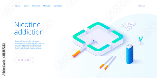 Nicotine dependendce or smoking addiction illustration in isometric vector design. Cigarettes with ashtray and lighter as concept for tobacco addict or smoker. Web banner layout template.
