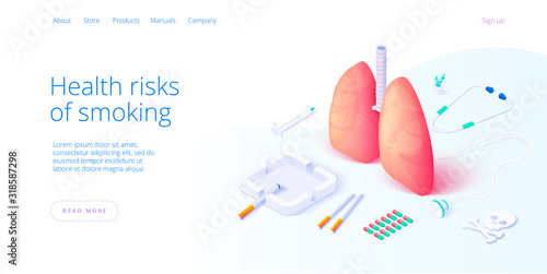 Nicotine dependendce or smoking addiction illustration in isometric vector design. Cigarette package woth ashtray and lighter as concept for tobacco addict or smoker. Web banner layout template.
