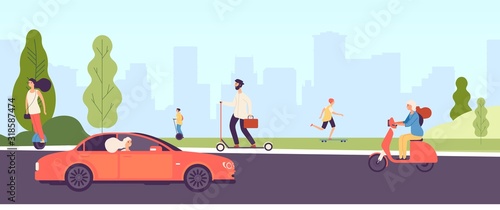 People riding. Man woman with electric vehicles ride motorbike skateboard scooter skate. Happy girl rides car. Vector city park landscape with characters. Illustration scooter electric, ride transport