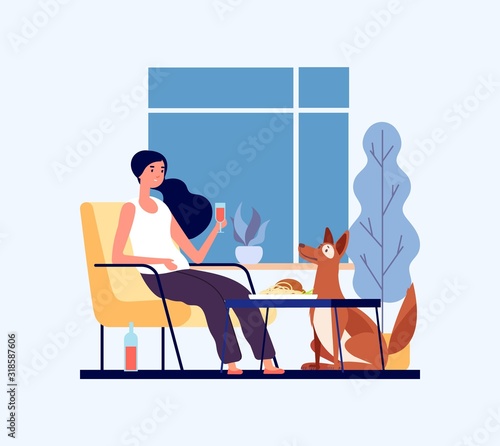 Home dinner concept. Girl with her dog in living room. Pet lover character. Hygge home vector illustration. Woman in living room with dog dinner