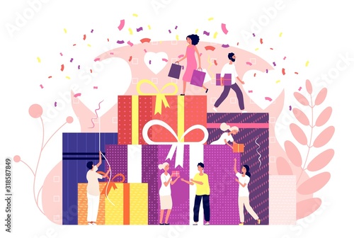 People gift boxes. Celebration presents, prize draw, promotion holiday gifts, winning box, men and women online shop marketing vector concept. Illustration box gift and present surprise