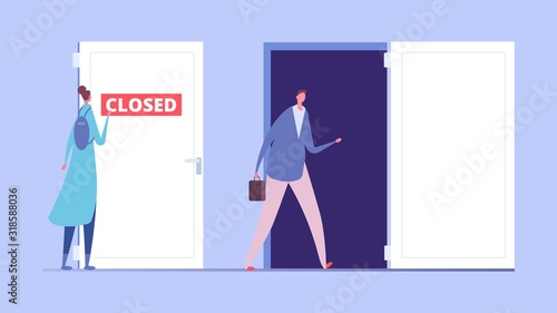 Woman discrimination concept. Business discrimination, male and female flat characters. Closed and opened door, social inequality vector illustration. Inequality opportunity career, rights female