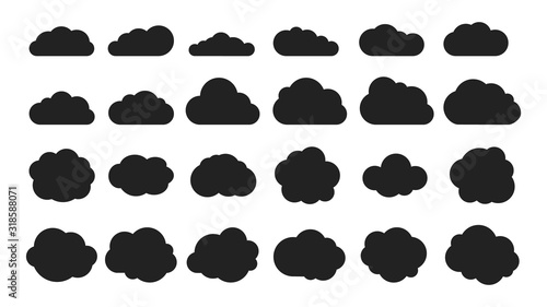 Naklejka Kształty czarnej chmury. Kolekcja ikony chmur sylwetki. Wektor myślenia pęcherzyków lub tagi, abstrakcyjne kształty wiadomości. Ilustracja chmura pogody, formularz szkic cloudscape