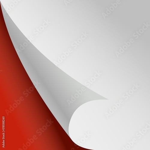 Curled page. White paper corner red background. Vector paper sheet sticker illustration. Corner page paper, sheet blank sticker