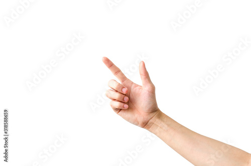 Empty Hand showing gesture holding the bottle, a hand holding something like a bottle or smartphone isolated on white background with clipping path.