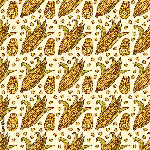 Vector Vegetable background. Hand drawn doodle Corn cobs and corn grains Seamless pattern