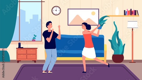 Family quarrel. Angry arguing girl, couple have problems relationship. People divorce and abusive each other. Wife and husband argue vector illustration. Husband and wife divorce, relationship quarrel