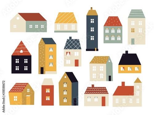 Cartoon houses. Various small cute houses, simple home facade with doors and windows, building exterior, cottage village colored vector set. Architecture building colorful, house facade illustration