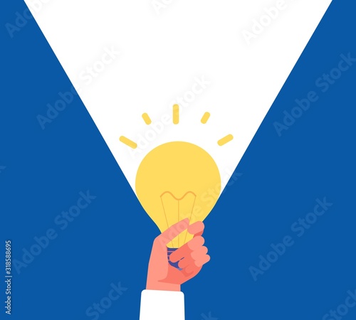 Light of idea. Hand holding lightbulb. Finding solution or brainstorm, ideas or FAQ vector concept. Illustration light solution, lightbulb thinking idea