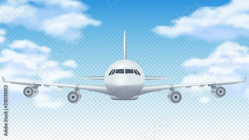 Flight plane. Realistic 3D airplane flying in blue sky. White cargo aircraft or commercial airliner and clouds vector background. Illustration plane flight in air, aircraft and airplane travel