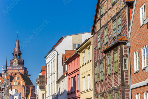 Historic facades and church tower in Gustrow, Germany