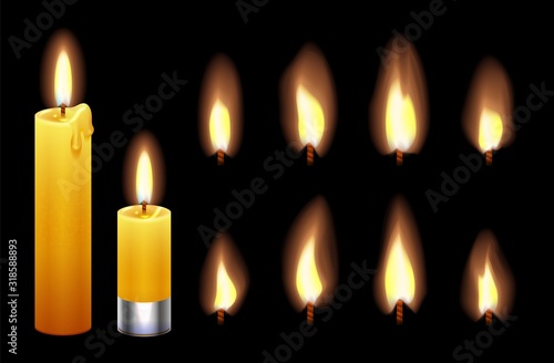 Candle flame. Burning wax candles lights and flames. Fire candlelight isolated on black background. Vector warm lighting set. Illustration candlelight and fire realistic, religion or romance