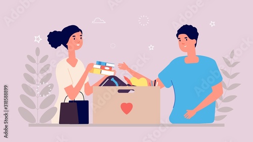 Charity box. People donate clothes, books and accessories. Volunteer service team collect humanitarian parcel. Vector donation illustration. Charity and volunteer care and donation