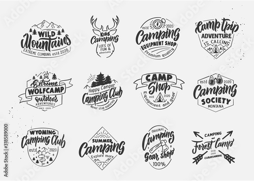 Set of vintage Wolfcamp and Camping emblems and stamps. Camp shop, outdoor badges, templates photo