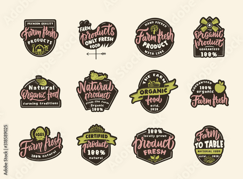 Set of vintage Farm and fresh products emblems and stamps. Organic food stickers