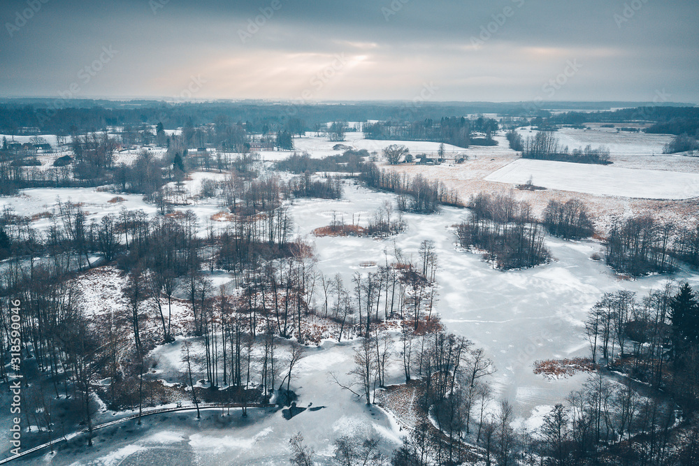 Drone aerial view of frozen Kirkilai lakes