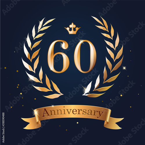 60 Anniversary badge design with laurel, ribbon and crown.