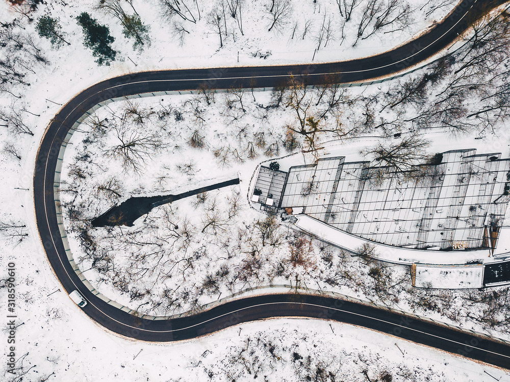 Drone aerial view of winding road