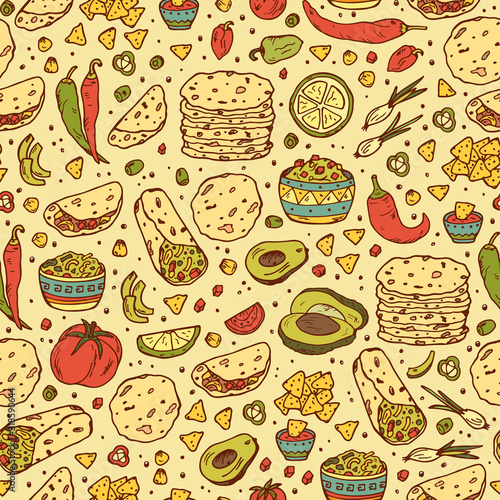 Mexican tradition Food Vector Seamless pattern. Hand drawn doodle corn tortilla, taco, burritos, guacamole, nachos corn chips, Vegetables