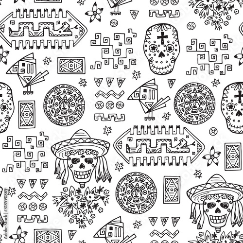 Mexico Vector Seamless pattern. Mexican items - Hand drawn doodle Mexican Day of the Dead Attributes and patterns