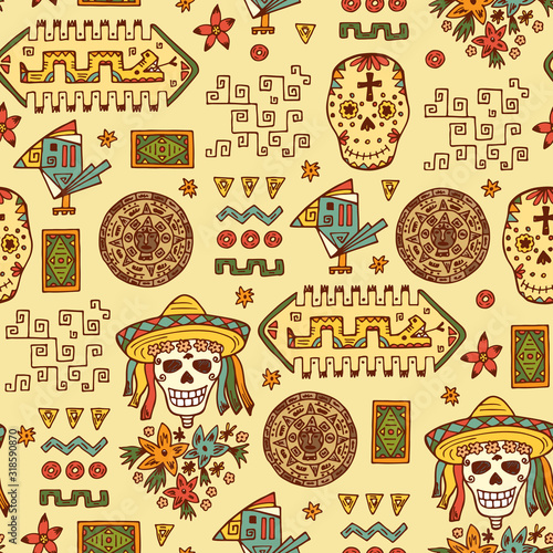 Mexico Vector Seamless pattern. Mexican items - Hand drawn doodle Mexican Day of the Dead Attributes and patterns