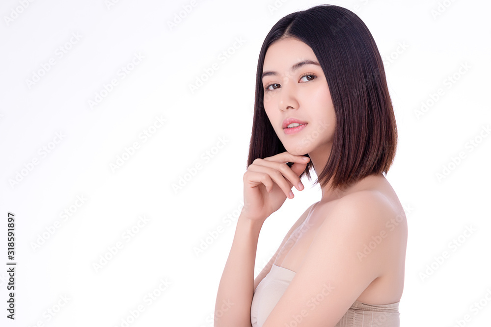 Portrait beautiful young asian woman clean fresh bare skin concept. Asian girl beauty face skincare and health wellness, Facial treatment, Perfect skin, Natural make up. Isolated on white background. Portrait beautiful young asian woman clean fresh bare skin concept. Asian girl beauty face skincare and health wellness, Facial treatment, Perfect skin, Natural make up. Isolated on white background.