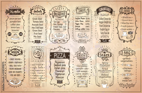 Assorted menu list, retro newspaper style
