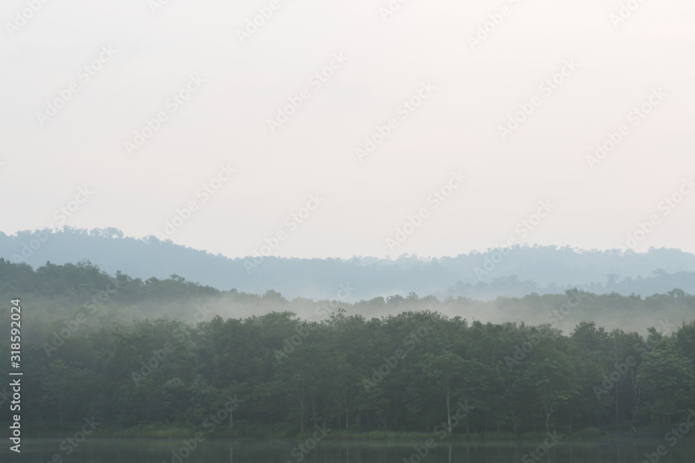 Beautiful nature and fog on the reservoir at Jetkod-Pongkonsao Natural Study in Saraburi Thailand	