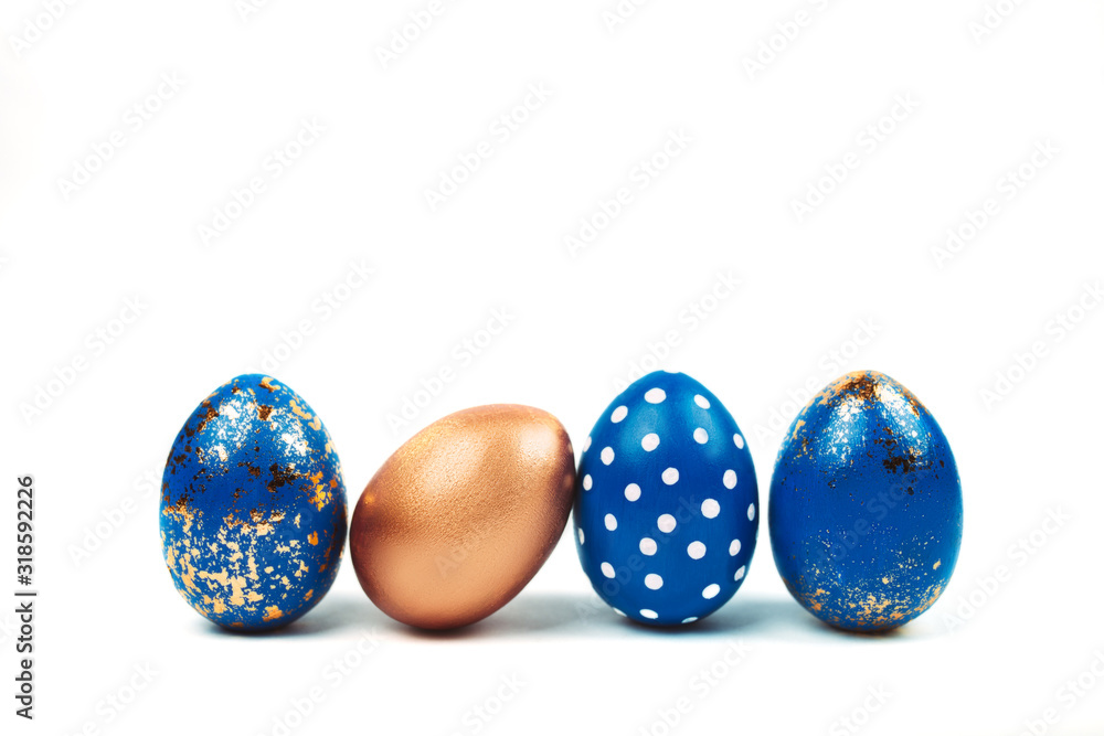 easter blue eggs standing isolated on white.