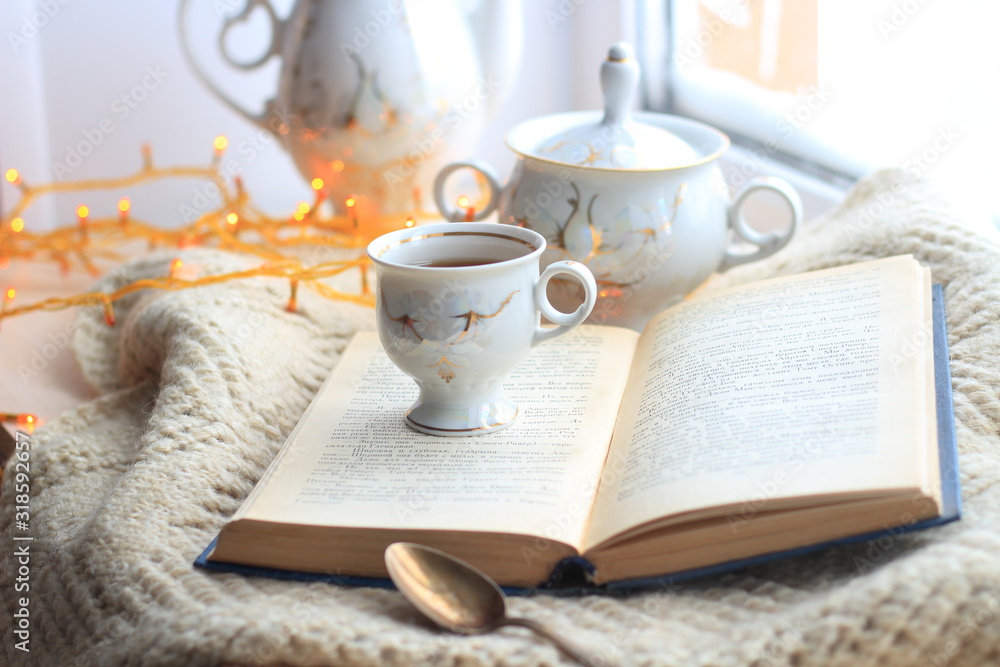 Winter still-life of tea and book Winter still-life of tea and book