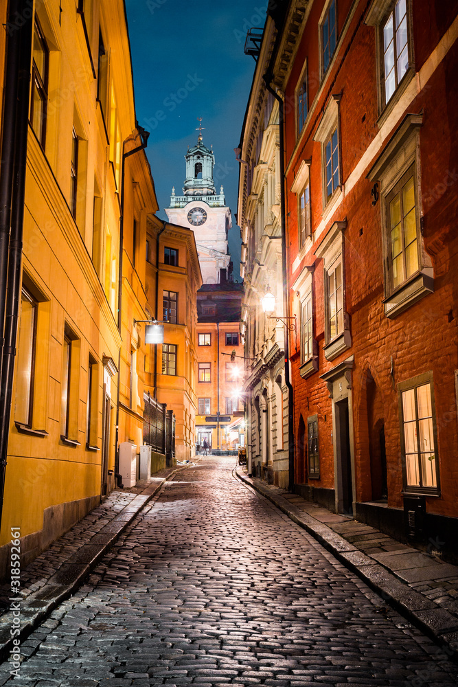 Stockholm's Gamla Stan old town district at night, Sweden