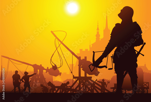 Medieval arbalester with the trebuchet and castle on background