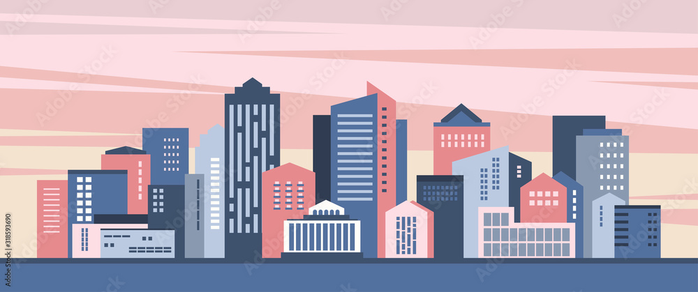 Urban buildings and city architecture. Сityscape with sky at sunset or sunrise. Vector illustration. Urban buildings and city architecture. Сityscape with sky at sunset or sunrise. Vector illustration.