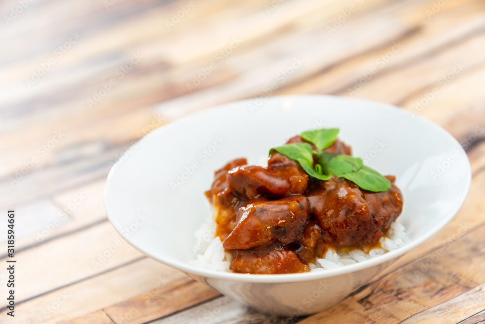 Asian style caramel pork with rice and vegetable Asian style caramel pork with rice and vegetable