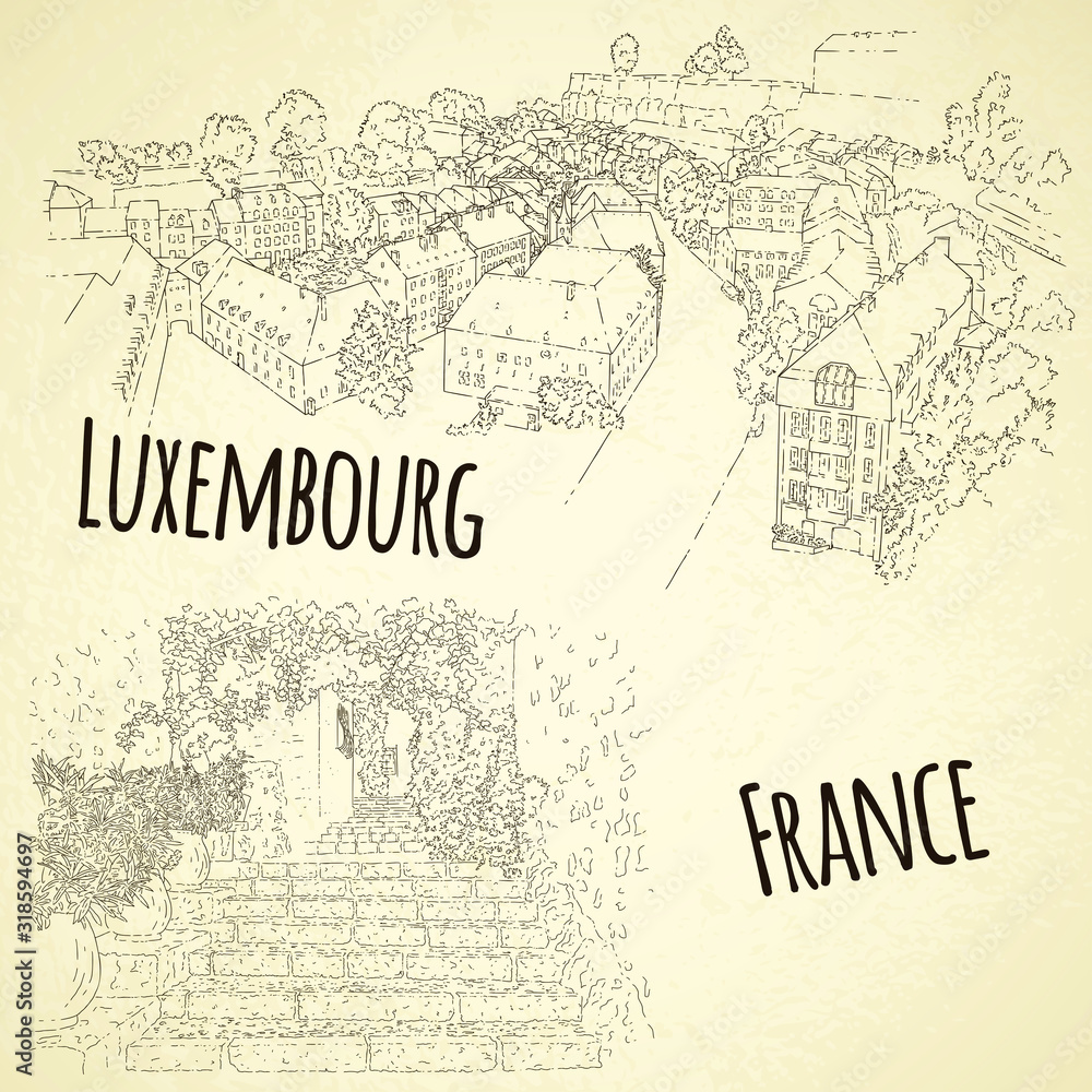 Set of city sketching. Line art silhouette. Travel card. Tourism concept. France, Saint-Paul-de-Vence. Luxembourg. Sketch style vector illustration.
