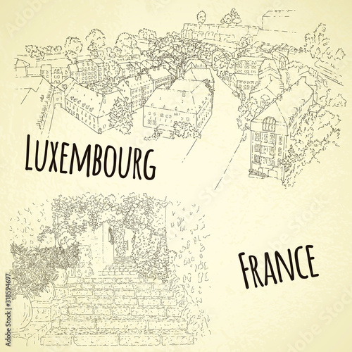 Set of city sketching. Line art silhouette. Travel card. Tourism concept. France, Saint-Paul-de-Vence. Luxembourg. Sketch style vector illustration.