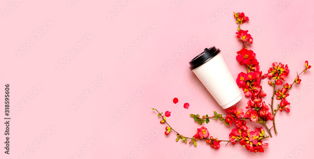 Coffee or tea paper cup, spring branches of red flowers on pink background top view flat lay copy space. Take away coffee cup, mockup. Spring coffee concept, layout for design. Spring flowering Coffee or tea paper cup, spring branches of red flowers on pink background top view flat lay copy space. Take away coffee cup, mockup. Spring coffee concept, layout for design. Spring flowering