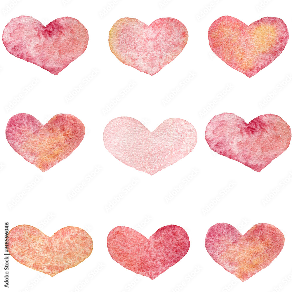 watercolor heart set, mothers day and valentines day background with watercolor painted hearts