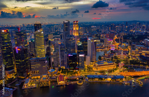 Aerial view of the Singapore landmark financial business district at sunset scene with skyscraper and beautiful sky. Singapore downtown