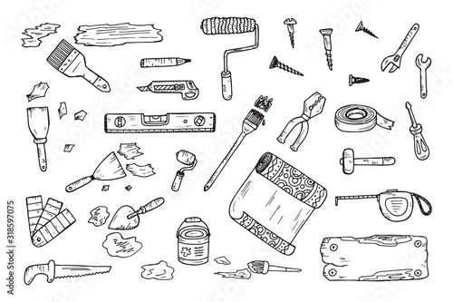 House repair tools vector set. Home improvement icons. Hand Drawn Doodle Tools. Housework.