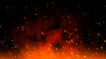 Fire embers particles over black black background. Fire sparks background. Abstract dark glitter fire particles lights.