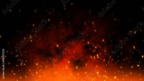 Fire embers particles over black black background. Fire sparks background. Abstract dark glitter fire particles lights.